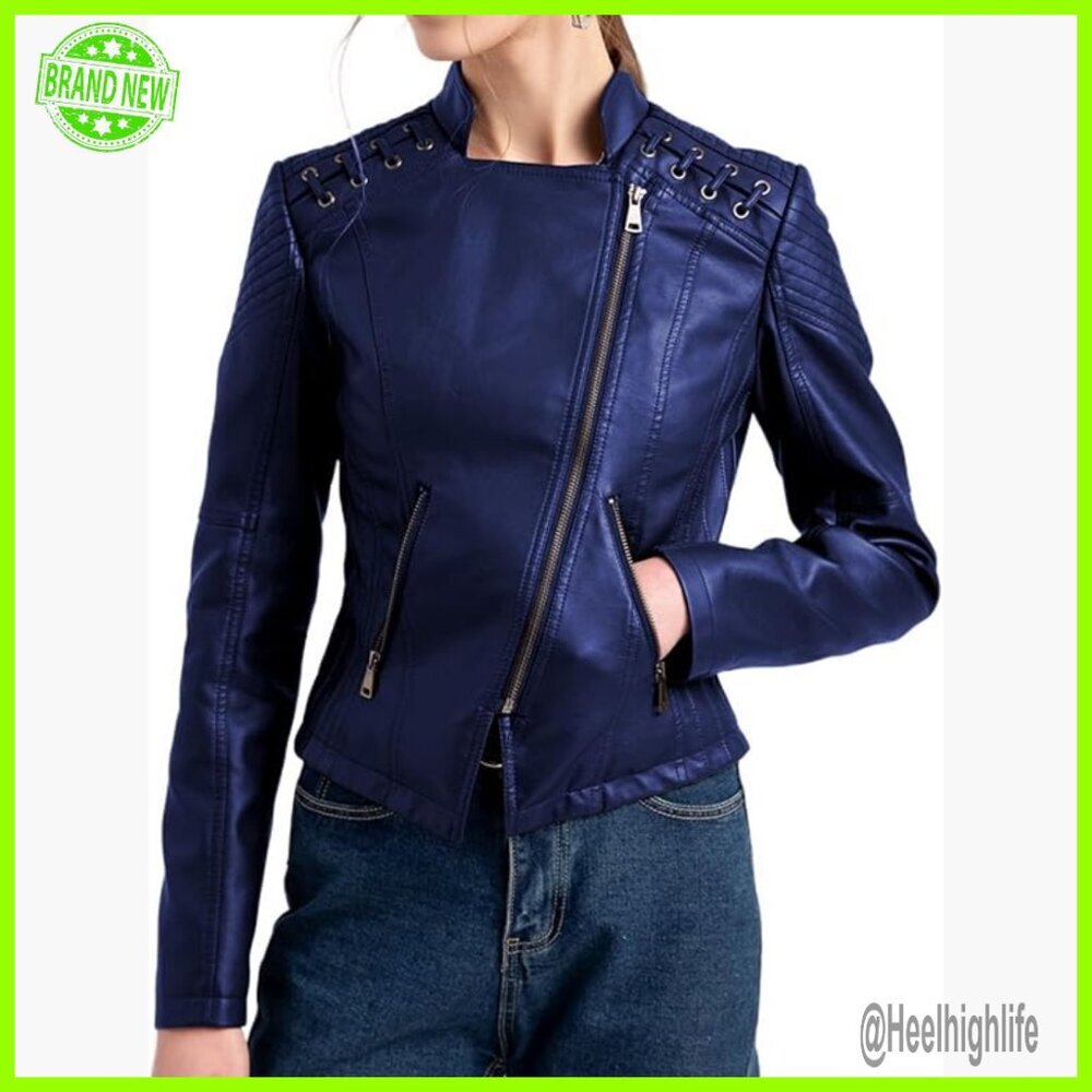 Slim Fit Vegan Leather Moto Jacket, Lightweight Crop Blazer, Size S-4XL